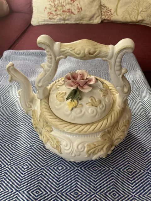 Large Vintage Capodimonte Embossed Floral Ceramic Kettle / Tea Pot on Feet 1225