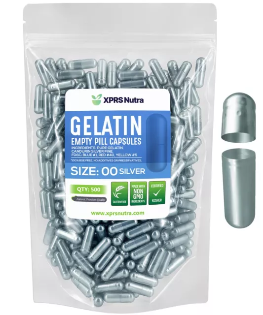 Size 00 Silver Empty Gelatin Pill Capsules Kosher Gelcaps Gel USA Halal USA Made