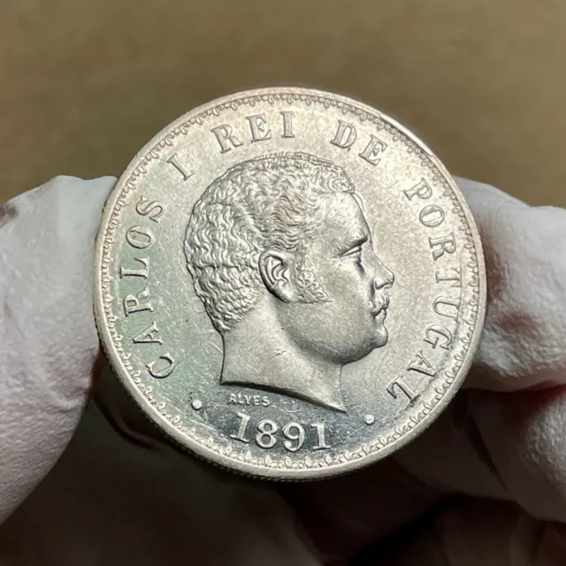 🙂 Portugal King Carlos 500 Reis Plata 1891 Elección UNC ProofLike