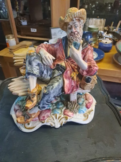 Rare Vintage Large Capodimonte Porcelain Figurine Hobo Bum Drunk on Bench 10"