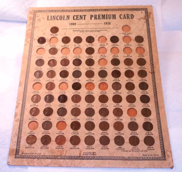 Antique Wheat Cent Coin Card 61 Coins Early Mint Marks 09VDB 1910S 1912S 1915D
