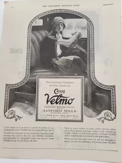 1924 Chase Velmo Automobile Upholstery  S. E. Post Print Ad Mohair Velvet