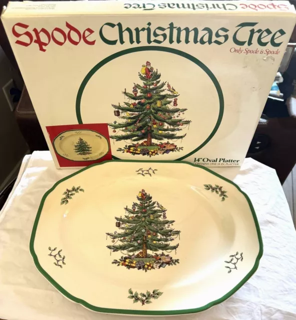Spode Christmas Tree 14" Oval Serving Platter England Green Trim Nib