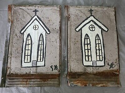 2 Hand Painted  Metal Galvanized PANEL 9 1/2" & 14" ARCHITECTURE SALVAGE  S.B.