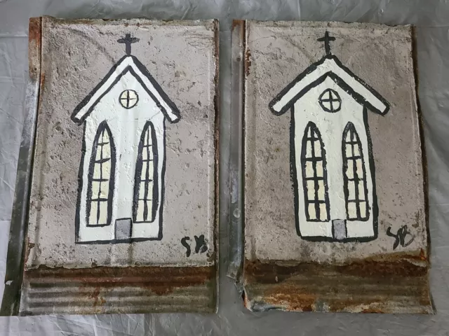 2 Hand Painted  Metal Galvanized PANEL 9 1/2" & 14" ARCHITECTURE SALVAGE  S.B.
