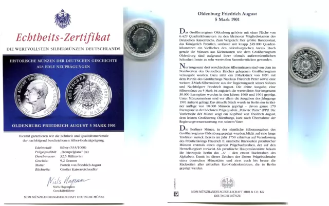Silbermedaille "Oldenburg - 5 Mark 1901" in Kapsel mit Zertifikat