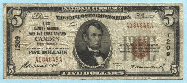 $5 National Currency 1929 T1 - Ch#1209 - 1st Camden NB&TC, Camden, NJ - F+/VF