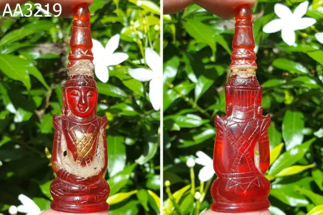 Red Naga Eye Crystal Gems Carved Phra Kaew Morakot Gilt Thai Statue Amulet #3219