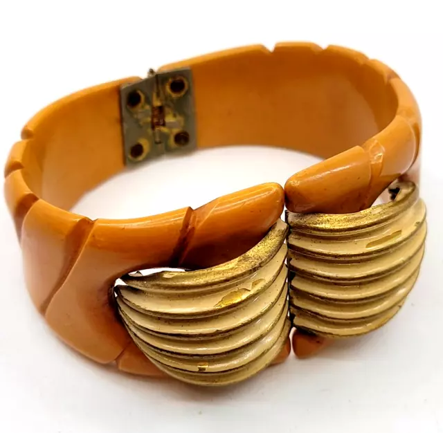 VINTAGE BAKELITE HINGED Bracelet Carved Butterscotch/Art Deco Enamel ...
