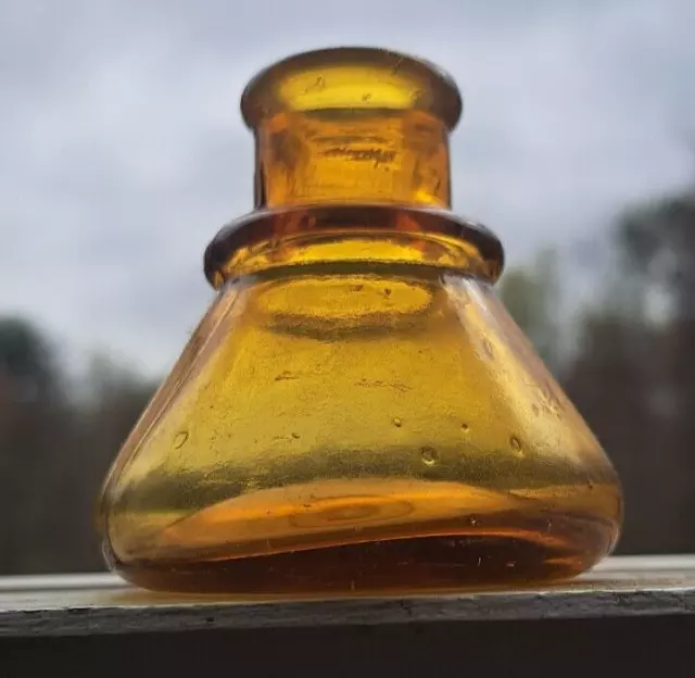 Crude Light Honey Amber Cone Ink Bottle Hand Blown Tooled Lip 1880s