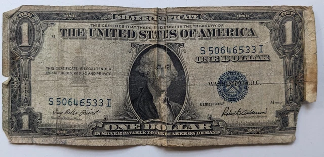 1935F $1 Blue Seal Silver Certificate. Old US Paper Currency
