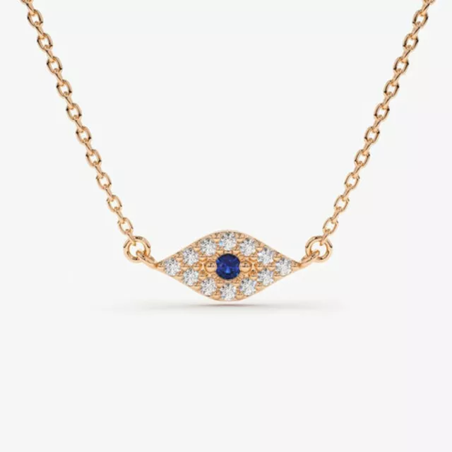 0.24CT Sapphire & Diamond Lucky Evil Eye Pendant Necklace 14K Rose Gold Plated