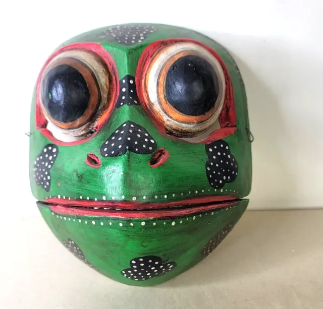 Frog Wooden Mask Hand Carved Traditional Art Wall Decor Indonesia 7 In