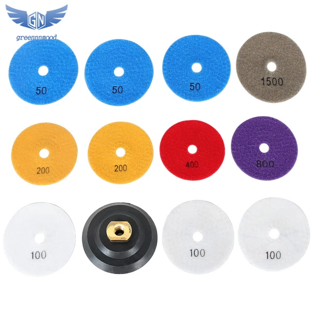 Diamond Polishing Pads 4 inch Wet/Dry Set of 11+1 Backer Pad For Granite
