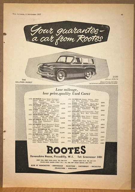 1957 Rootes Piccadilly London UK Print Ad Quality Used Cars Hillman Husky