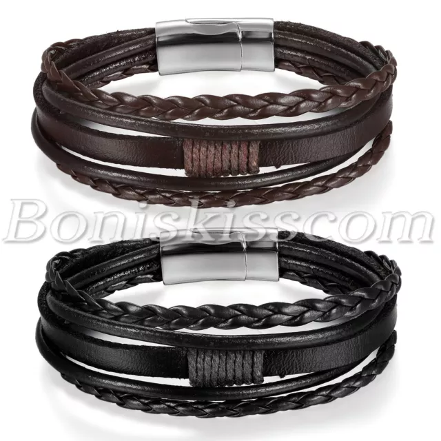 2pcs Multilayer Surfer Leather Strap Metal Buckle Men's Women's Bracelet Cuff