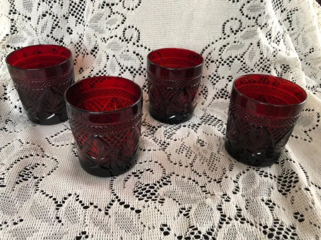 Set of 4 Vintage Old Fashioned Cristal D’Arques Durand Luminarc Ruby Red Glasses