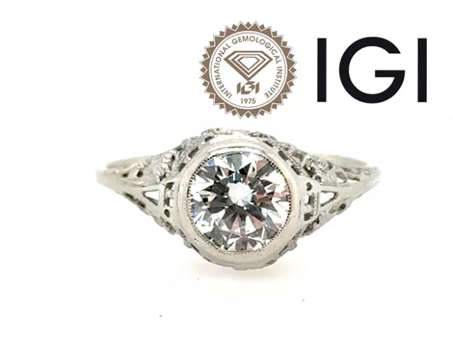 Art Deco Diamond Engagement Ring 1.60ct E VS1 Ideal 18K IGI Original 1930's