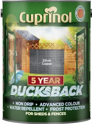 Cuprinol Ducksback 5 años impermeable para cobertizos y cercas, 5 L - Cubierta plateada