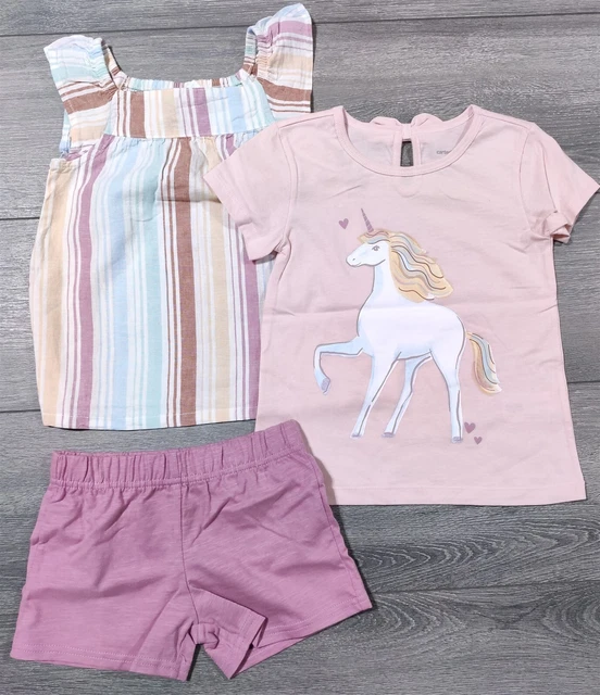 4T Toddler Girls Carters Outfit 3-Piece Unicorn Striped Shirt Shorts Cute Gift