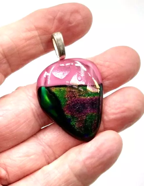 Beautiful Artisan Handmade 1.5" Pink & Green Teardrop Art Glass Pendant