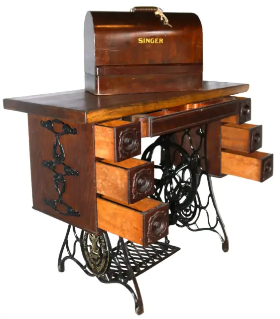 Antique Singer Treadle Sewing Machine Butcher Block Table & Singer Bentwood Case