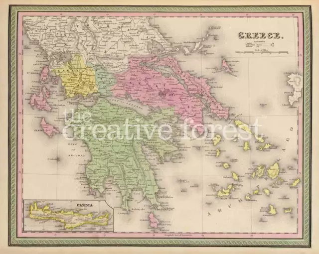 GREECE, Vintage 19th Century Map Reproduction Rolled CANVAS ART PRINT 29x24 in.