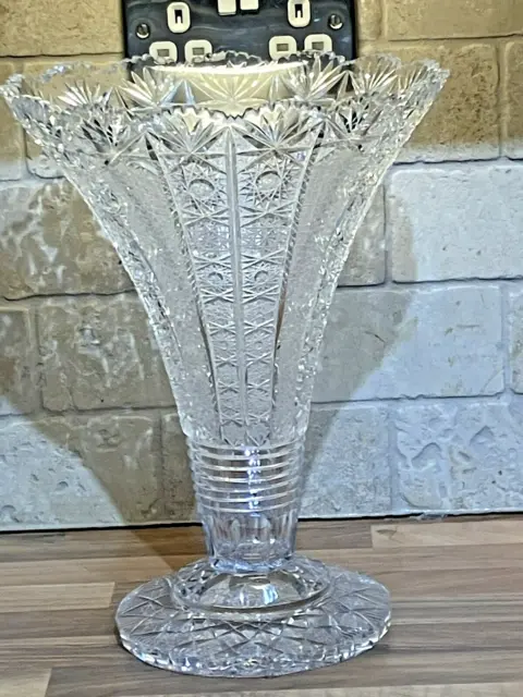 Huge Vintage Art Deco Bohemia Cut Glass Lead Crystal Center Piece Vase Display