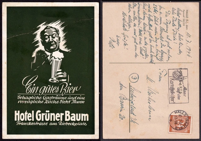 Alliierte Besetzung 1946 Werbekarte "Hotel grüner Baum" in Verbindung mit Bier
