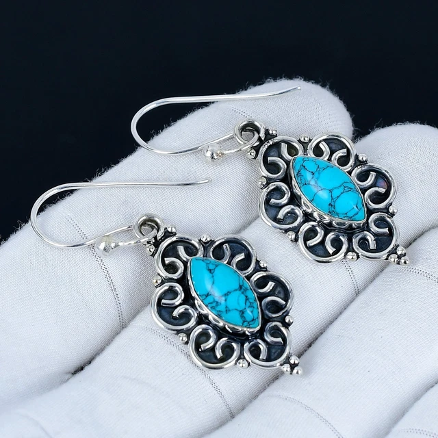 Boucles D'oreilles Artisanales En Argent 925 Avec Turquoise Naturelle - Style Goutte Pendante