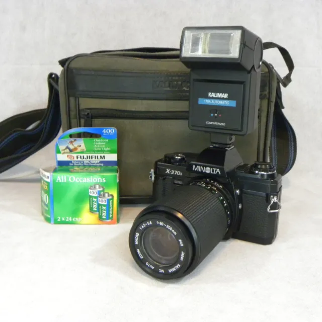 Untested Minolta X-370S SLR 35mm Camera Set + Kalimar Lens, Flash, Bag & Film