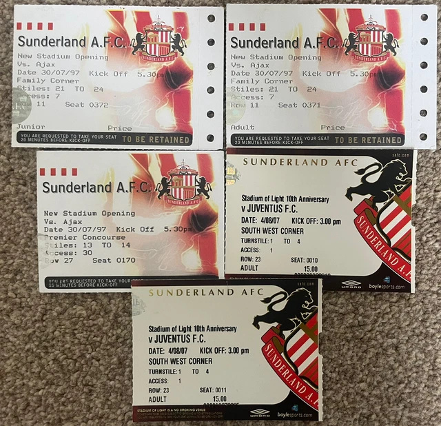 SUNDERLAND TICKET STUBS Opening Stadium Of Light x 3 &