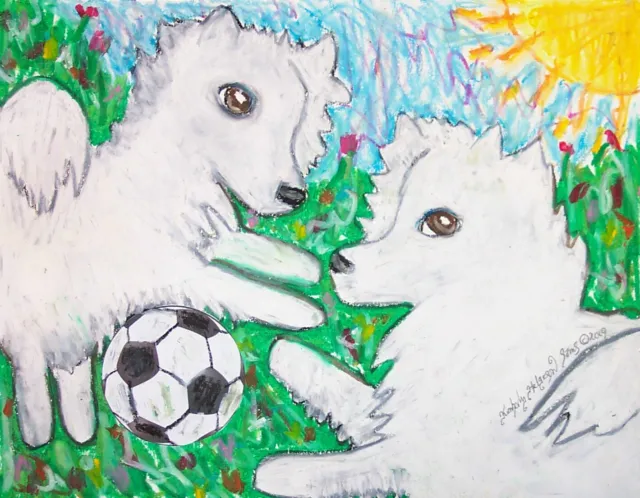 American Eskimo Dog Playing Soccer Art 8.5 x 11 Signed Print Collectible KSams