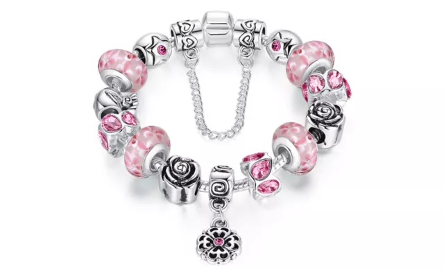 18K White Gold Plated Pink Flower Crystal CZ Charm Bracelet Made with Swarovski