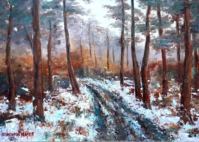 Tableau Huile Post Impressionniste Henry HUET XX° Forêt Neige Loir et Cher 