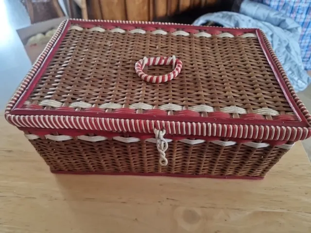 Vintage 50s Wicker Sewing Box Basket With Pink Silk Like Lining