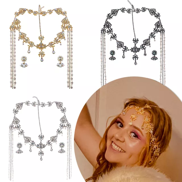 Women Boho Head Chain Headpiece Jewelry Crystal Bride Wedding Headband Earrings