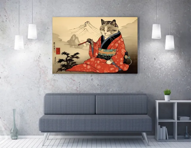 Katze Im Kimono Rauchen Eine Pfeife, Ukiyo-E-Stil - Tief Gerahmter Leinwandkunstdruck 2