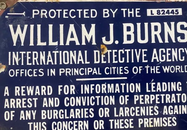 Antique Enamel Metal Sign International Detective Agency William J. Burns