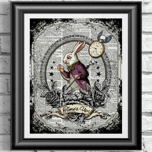 Coniglio bianco Alice nel Paese delle Meraviglie dizionario libro stampa pagina poster tatuaggio arte