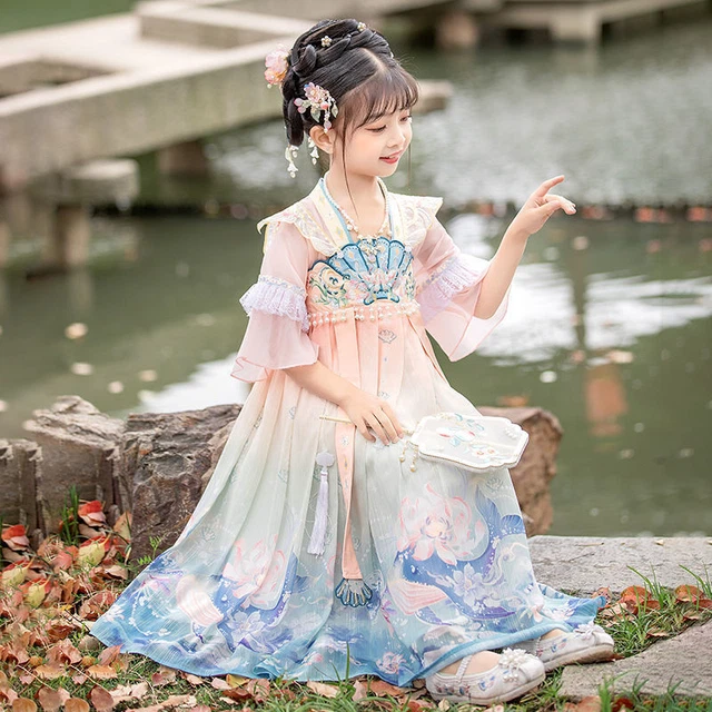 Ragazza Chiffon Manica Corta Hanfu Cinese Fairy Sirena Ricamo Ttang Abito Chic