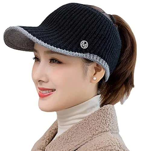 Gorro con cola de caballo para mujer Gorro de invierno de punto, negro