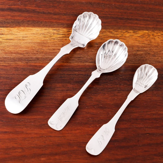 3 Dealers Lot Coin Silver Shell Bowl Salt,Condiment Spoons:roberts,Newton,M & T