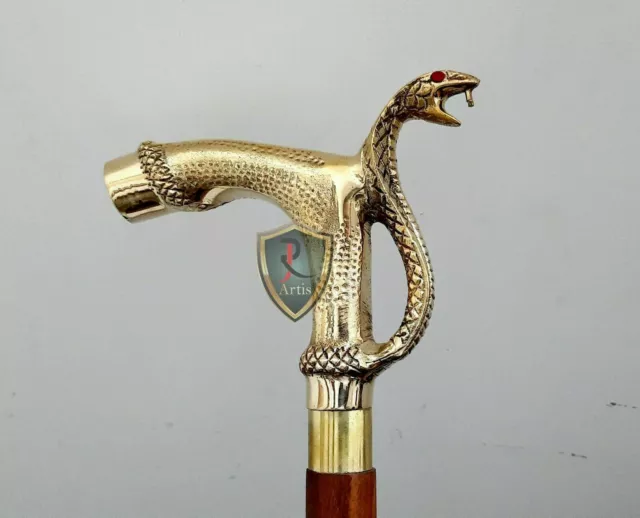 Designer Brass Snake Handle Wooden Vintage Walking Cane Antique Style Stick gift