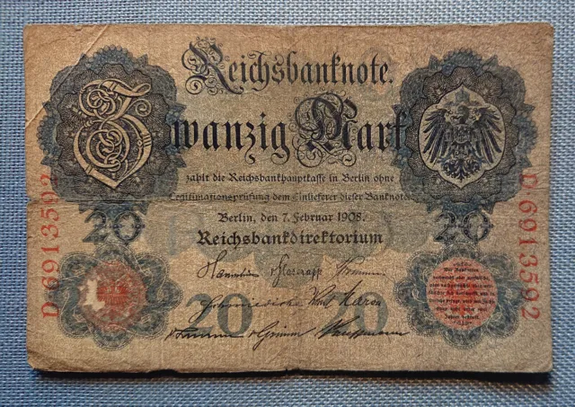 Old German Banknote Twenty Mark Berlin 7. Februar 1908
