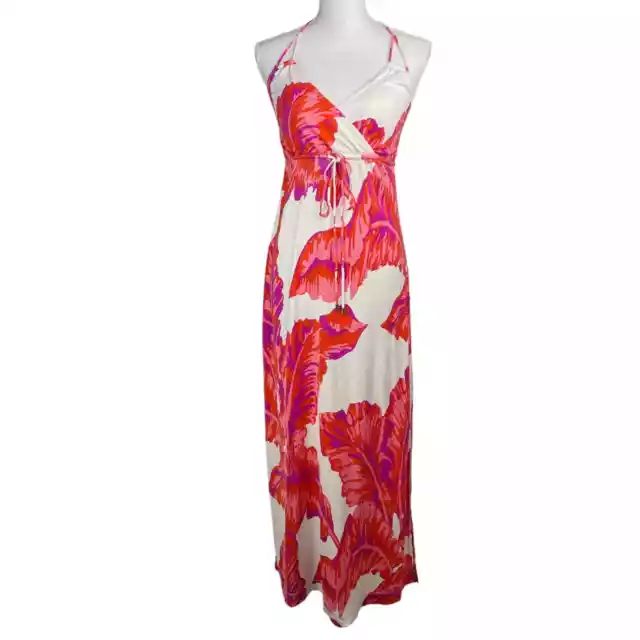 Milly Collection Halter Maxi Dress Silk Blend Banana Palm Leaf Pink Red XS 3