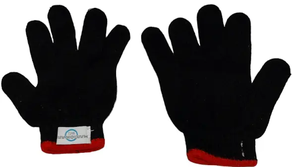 Boys black gloves, texture on palm, Mario Kart themed tag, red interior/stripe