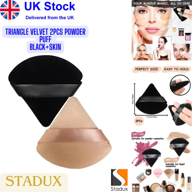 Triangle Velvet 2Pcs Powder Puff Sponge Blender Reuseable Makeup Black+Skin UK