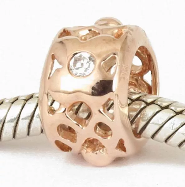 SOLID 9CT 9KT 375 ROSE GOLD FLOWER BEAD with 2 CZ For Charm Bracelet / Necklace