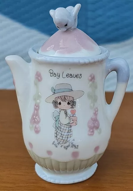 1995 Precious Moments Porcelain Teapot Spice Jar BAY LEAVES 4 Inch Pink Blue Bow